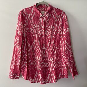 Chico's Button Front Long Sleeve Collared Ikat Pink Blouse Size 3,  XL-dmpv